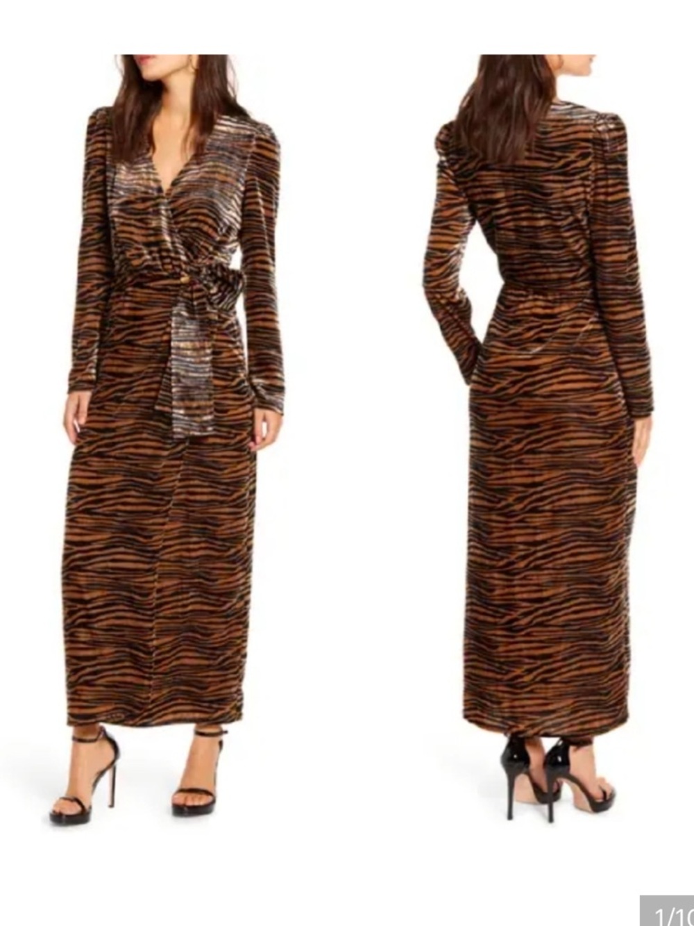 Wayf Arlene Tiger Print Wrap Velvet Maxi Dress size XL brown black